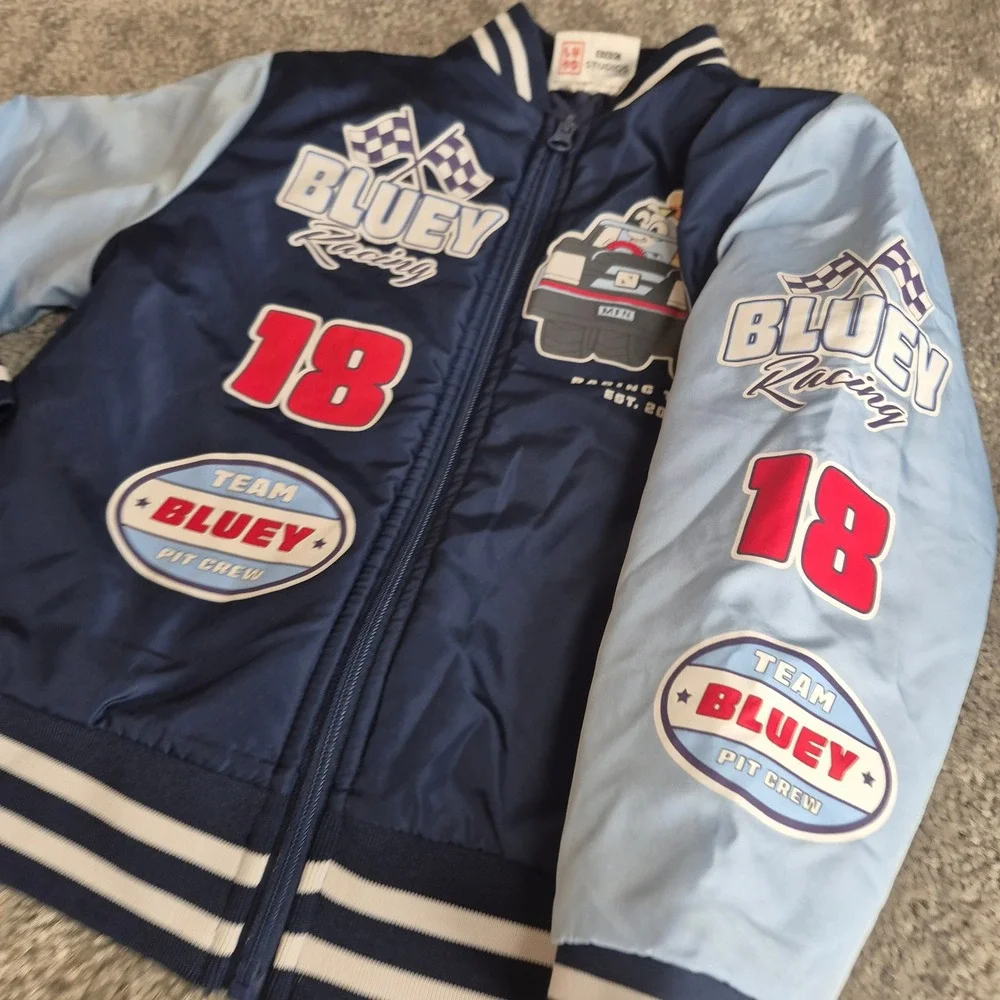 Bluey Racing Team Kids‎ Bomber Jacket Navy Blue Varsity Windbreaker Size 4/5